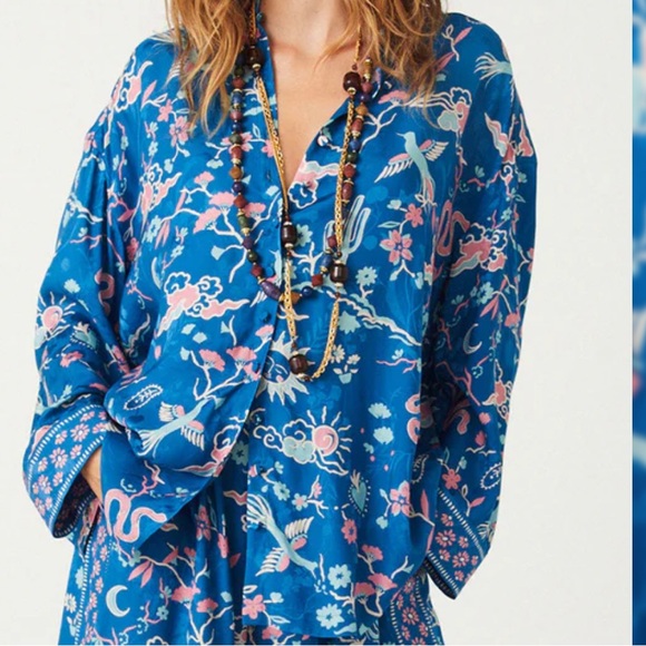 Spell NWT Desert BanditaCobalt Blue and Pink Floral Woven Button Down Shirt